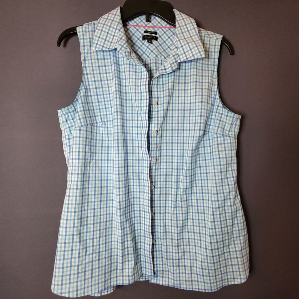 Talbots Wrinkle Resistant Sleeveless Stretch Button Up Blue Plaid Shirt Size 10